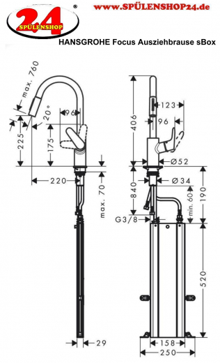 HANSGROHE Kchenarmatur Focus M41 Chrom Einhebelmischer 240 mit Zugauslauf als Ausziehbrause, 2jet, sBox (73880000)