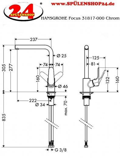 HANSGROHE Kchenarmatur Focus M41 Mattschwarz Einhebelmischer 280 mit Festauslauf, 1jet Schwenkbereich einstellbar (31817670)