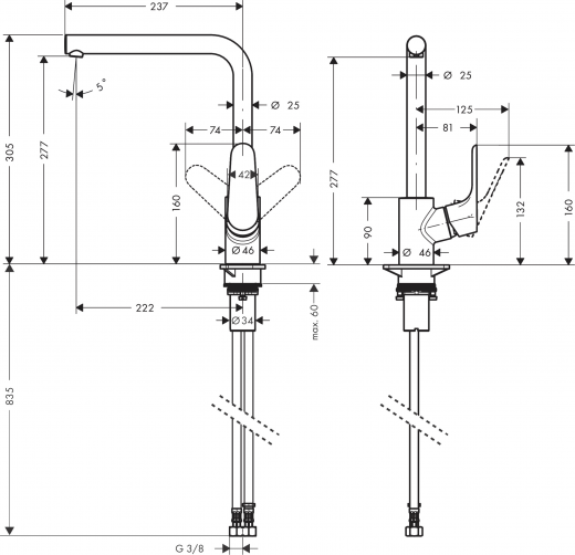 HANSGROHE Kchenarmatur Focus M41 Mattschwarz Einhebelmischer 280 mit Festauslauf, 1jet Schwenkbereich einstellbar (31817670)