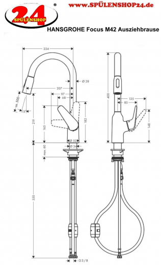 HANSGROHE Kchenarmatur Focus M42 Chrom Einhebelmischer 220 mit Ausziehbrause, 2jet 360 schwenkbarer Auslauf (71800000)