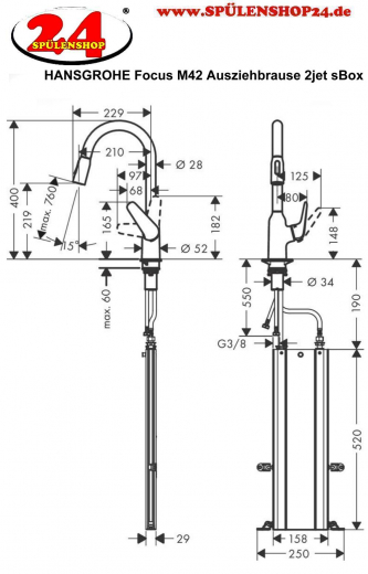 HANSGROHE Kchenarmatur Focus M42 Chrom Einhebelmischer 220 mit Ausziehbrause, 2jet, sBox 360 schwenkbarer Auslauf (71820000)