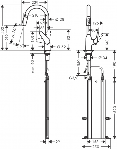 HANSGROHE Kchenarmatur Focus M42 Chrom Einhebelmischer 220 mit Ausziehbrause, 2jet, sBox 360 schwenkbarer Auslauf (71820000)