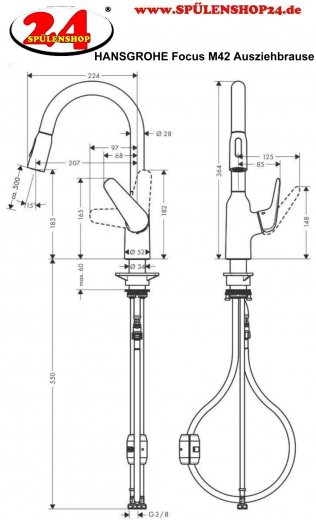 HANSGROHE Kchenarmatur Focus M42 Chrom Einhebelmischer 180 mit Ausziehbrause, 2jet 360 schwenkbarer Auslauf (71801000)