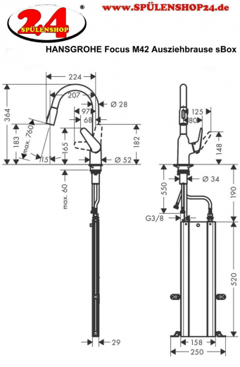 HANSGROHE Kchenarmatur Focus M42 Chrom Einhebelmischer 180 mit Ausziehbrause, 2jet, sBox 360 schwenkbarer Auslauf (71821000)