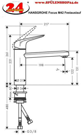 HANSGROHE Kchenarmatur Focus M42 Chrom Einhebelmischer 120 mit Festauslauf, 1jet 360 schwenkbarer Auslauf (71806000)