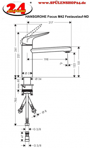 HANSGROHE Kchenarmatur Focus M42 Chrom Einhebelmischer 120 mit Festauslauf, 1jet 360 schwenkbarer Auslauf Niederdruck (71804000)