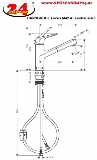 HANSGROHE Kchenarmatur Focus M42 Chrom Einhebelmischer 150 mit Ausziehauslauf 120 schwenkbarer Auslauf, 1jet (71814000)