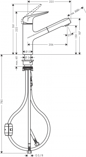 HANSGROHE Kchenarmatur Focus M42 Chrom Einhebelmischer 150 mit Ausziehauslauf 120 schwenkbarer Auslauf, 1jet (71814000)