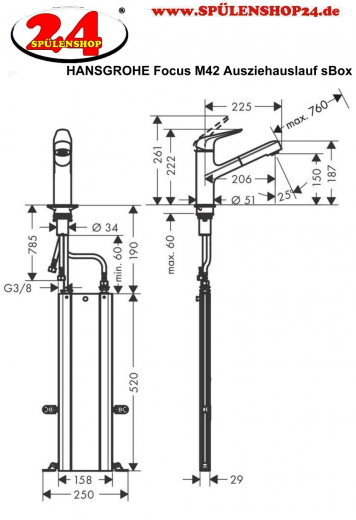 HANSGROHE Kchenarmatur Focus M42 Chrom Einhebelmischer 150 mit Ausziehauslauf 120 schwenkbarer Auslauf, 1jet, sBox (71829000)