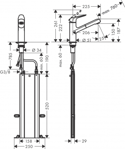 HANSGROHE Kchenarmatur Focus M42 Chrom Einhebelmischer 150 mit Ausziehauslauf 120 schwenkbarer Auslauf, 1jet, sBox (71829000)