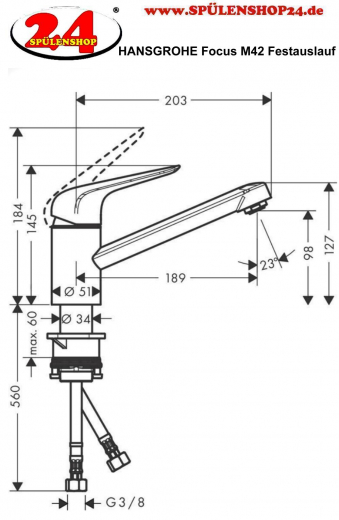 HANSGROHE Kchenarmatur Focus M42 Edelstahl Finish Einhebelmischer 100 mit Festauslauf, 1jet 360 schwenkbarer Auslauf (71808800)