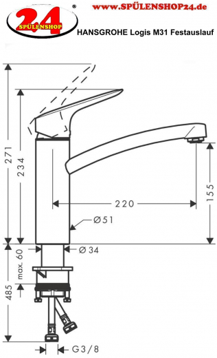 HANSGROHE Kchenarmatur Logis M31 Chrom Einhebelmischer 160 mit Festauslauf, 1jet 360 schwenkbarer Auslauf (71832000)