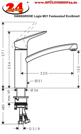 {LAGER} HANSGROHE Kchenarmatur Logis M31 Chrom Einhebelmischer 160 mit Festauslauf, CoolStart, EcoSmart 1jet 360 schwenkbarer Auslauf (71839000)