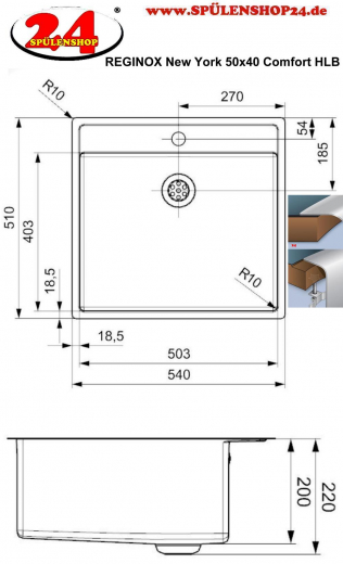 REGINOX Kchensple New York 50x40 (L) Comfort Hahnlochbank Einbausple Edelstahl Flachrand flchenbndig Siebkorb als Stopfenventil