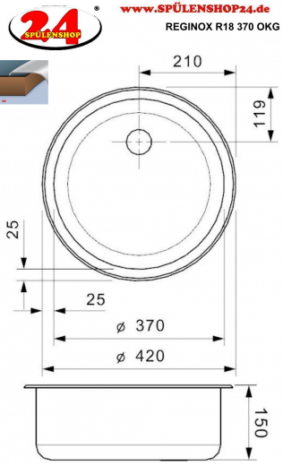 REGINOX Kchensple R18 370 (R) OKG Einbausple Edelstahl mit Einbaurand Rundbecken mit Siebkorb als Stopfenventil