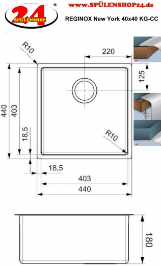 REGINOX Clean & Care New York 40x40 (L) KG-CC Einbausple Edelstahl mit Flachrand 3 in 1 ohne berlauf medizinischer Bereich