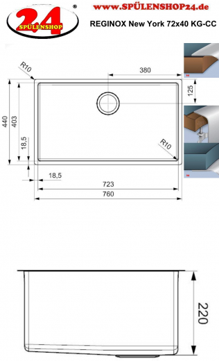 REGINOX Clean & Care New York 72x40 (L) KG-CC Einbausple Edelstahl mit Flachrand 3 in 1 ohne berlauf medizinischer Bereich