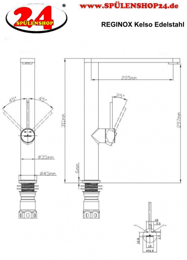 REGINOX Kchenarmatur Kelso Edelstahl massiv (R34590) Einhebelmischer mit Festauslauf 360 schwenkbarer Auslauf