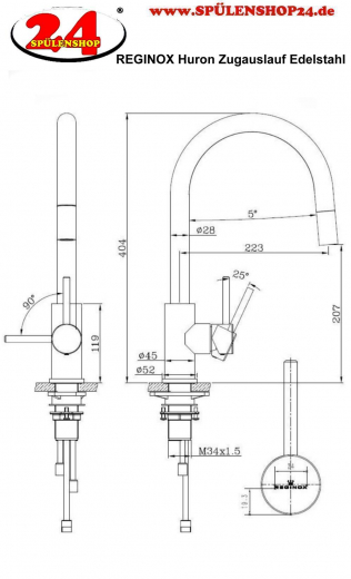 {LAGER} REGINOX Kchenarmatur Huron Edelstahl massiv (R34576) Einhebelmischer mit Zugauslauf als Schlauchbrause 360 schwenkbarer Auslauf