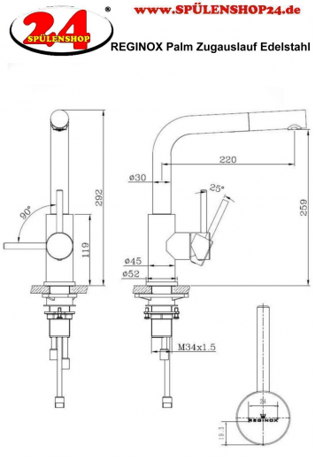 REGINOX Kchenarmatur Palm Edelstahl massiv (R34583) Einhebelmischer mit Zugauslauf als Schlauchbrause 360 schwenkbarer Auslauf