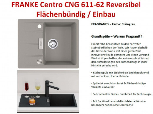 x FRANKE Kchensple Centro CNG 611-62 Fragranit+ Einbausple / Granitsple Flchenbndig mit Siebkorb als Drehknopfventil