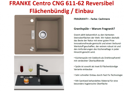 x FRANKE Kchensple Centro CNG 611-62 Fragranit+ Einbausple / Granitsple Flchenbndig mit Siebkorb als Drehknopfventil