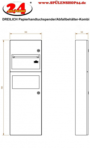 DREILICH Sirius II Papierhandtuchspender / Abfallbehlter Kombination 9124103 zur verdeckten Wandmontage mit flachem Zylinderschloss (2002040021)