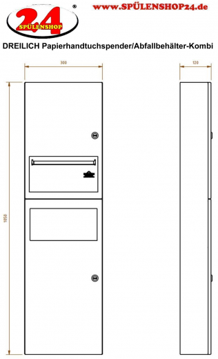 DREILICH Sirius II Papierhandtuchspender / Abfallbehlter Kombination 9124102 zur verdeckten Wandmontage mit flachem Zylinderschloss (2002040022)