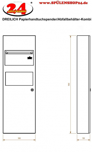 DREILICH Sirius II Papierhandtuchspender / Abfallbehlter Kombination 9124105 Wandmontage mit flachem Zylinderschloss und durchgehender Tr (2002040027)