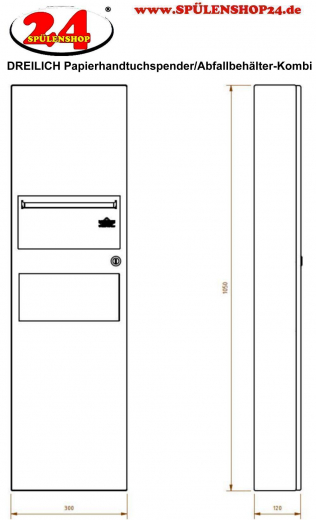 DREILICH Sirius II Papierhandtuchspender / Abfallbehlter Kombination 9124106 Wandmontage mit flachem Zylinderschloss und durchgehender Tr (2002040026)