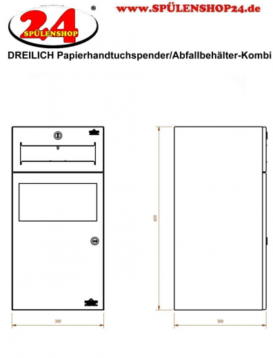 DREILICH Sirius II Papierhandtuchspender / Abfallbehlter Kombination 9123102 zur verdeckten Untertischmontage mit flachem Zylinderschloss (2002040019)